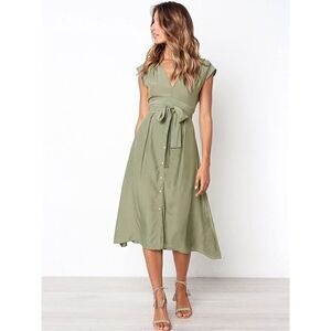 Edary Women's V Neck Short Sleeve Dress, Casual Short Sleeve Tie Waist Dress NEW